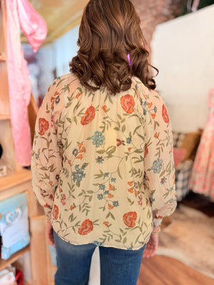 Entro Cream Floral Print Tie Neck Top