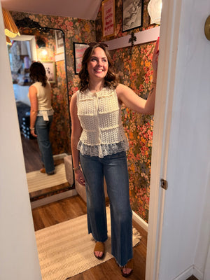 Entro Cream Button Front Vest w/ Lace Hem