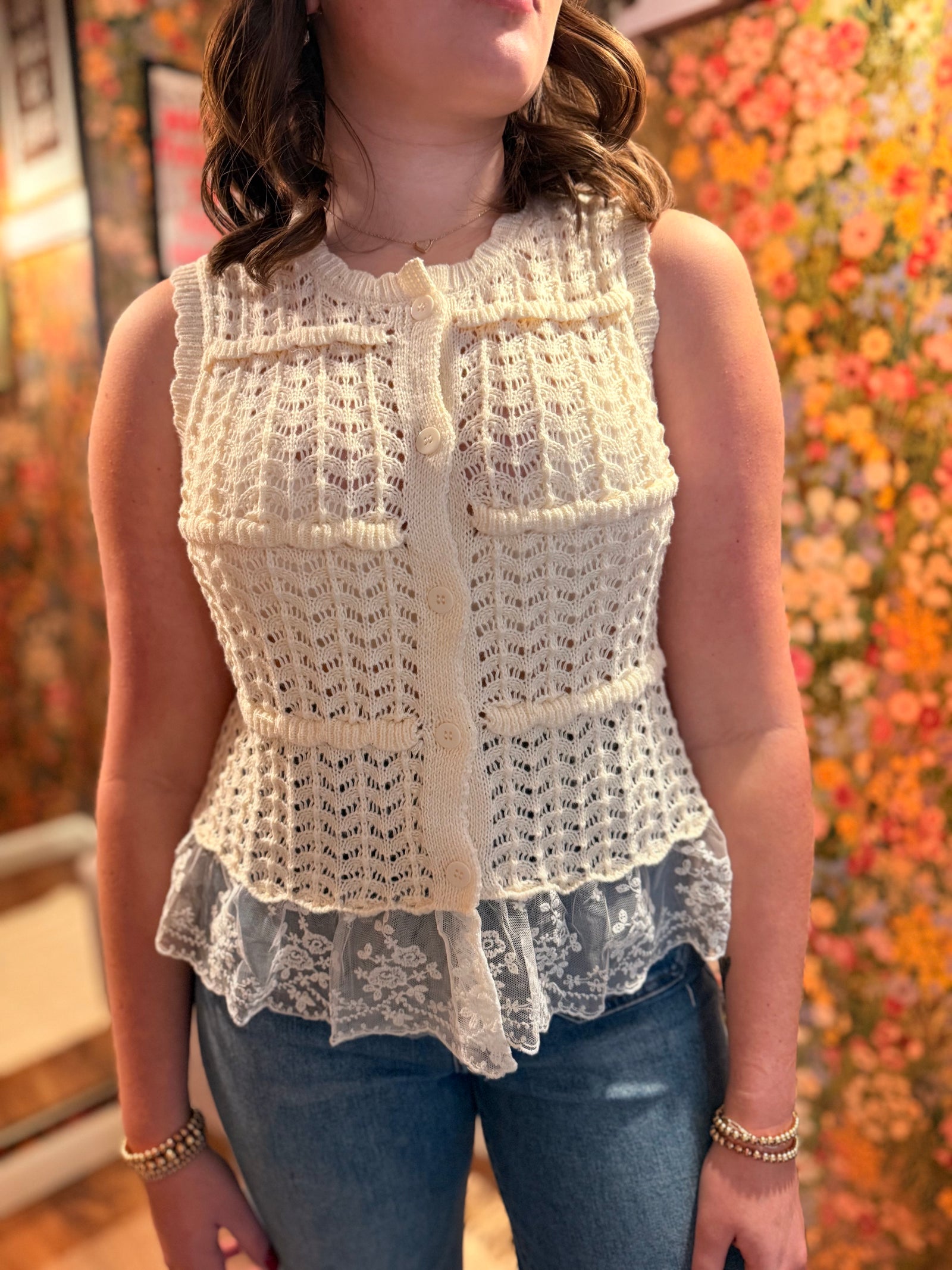 Entro Cream Button Front Vest w/ Lace Hem