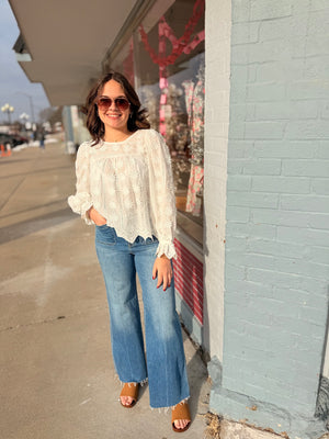 Entro Off White Raised Flower Long Sleeve Top