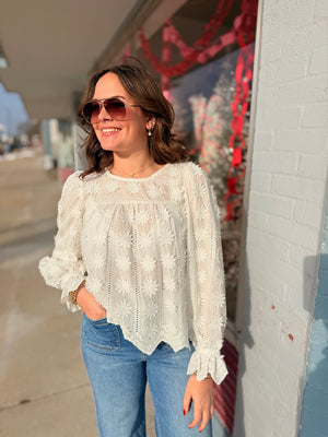 Entro Off White Raised Flower Long Sleeve Top