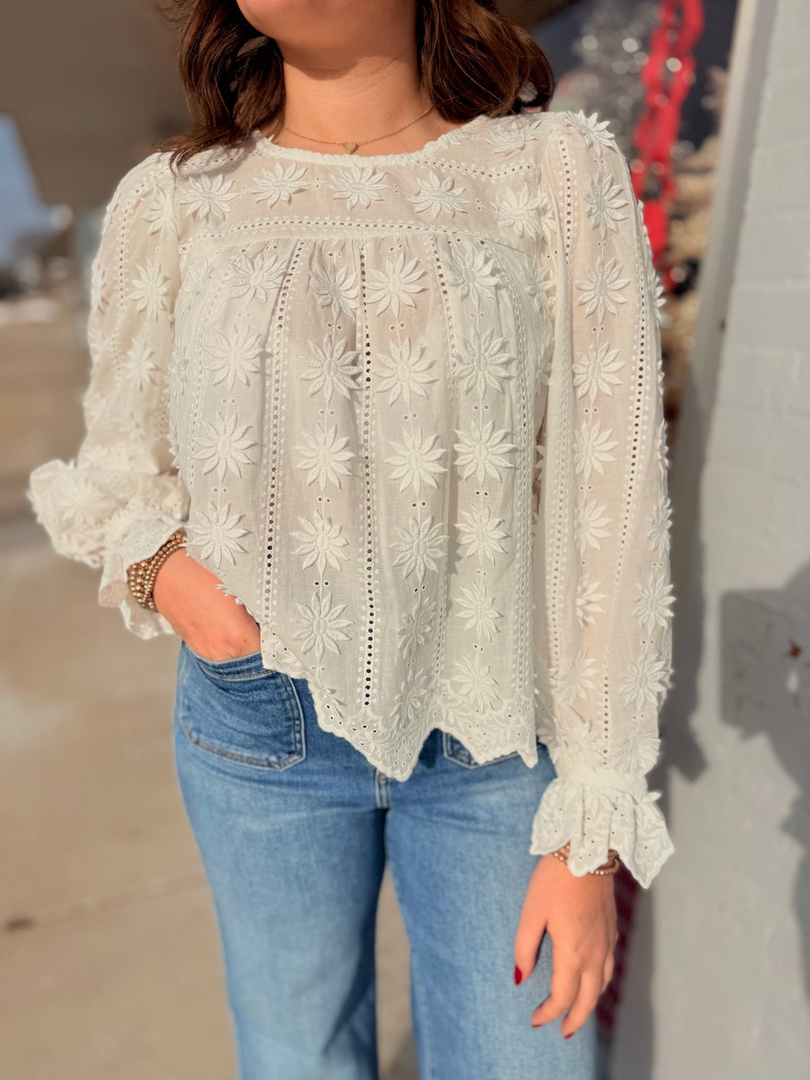 Entro Off White Raised Flower Long Sleeve Top