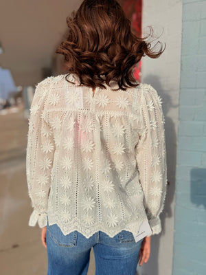 Entro Off White Raised Flower Long Sleeve Top
