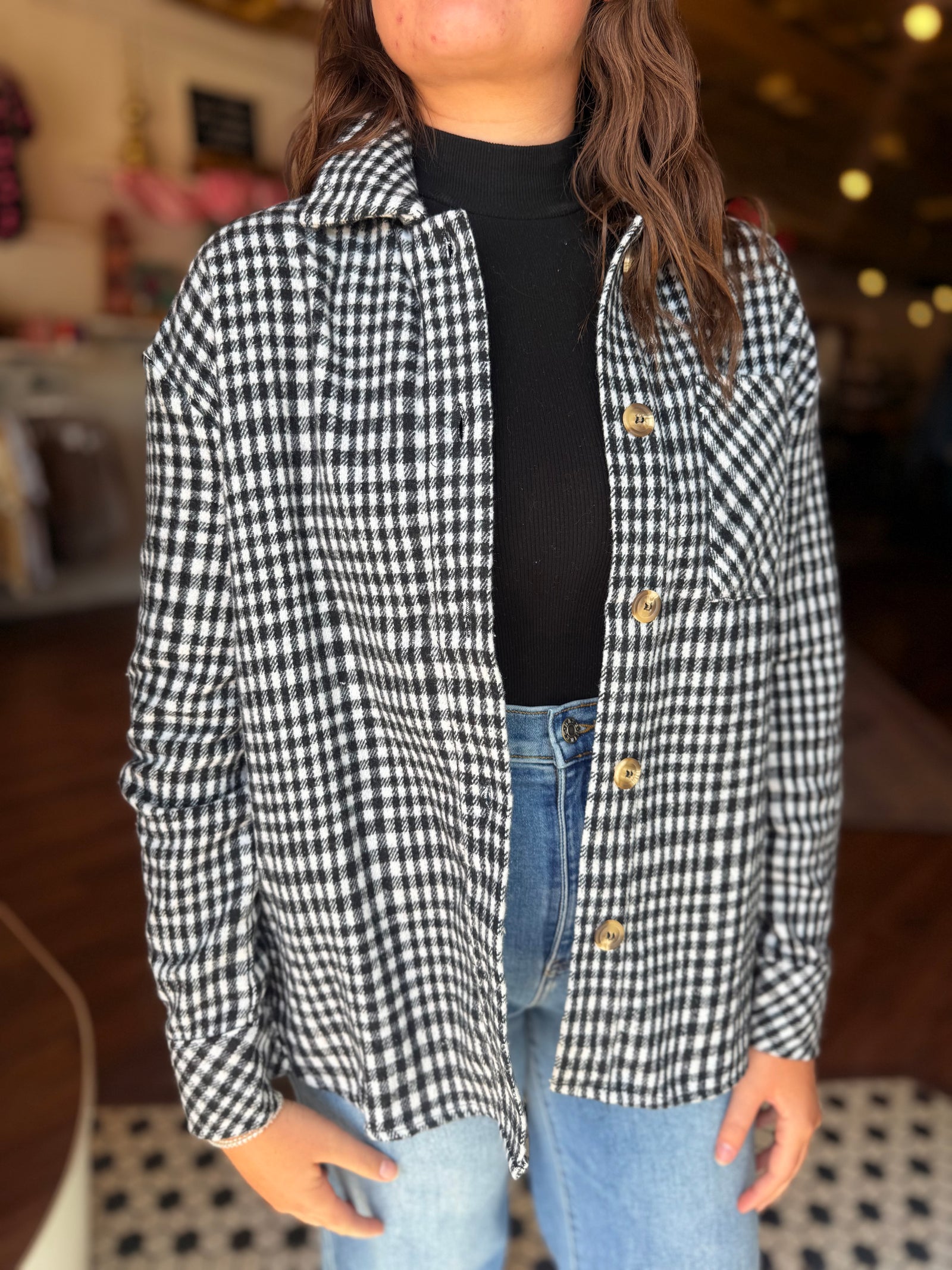 Doe & Rae Black + White Plaid Button Down Shacket