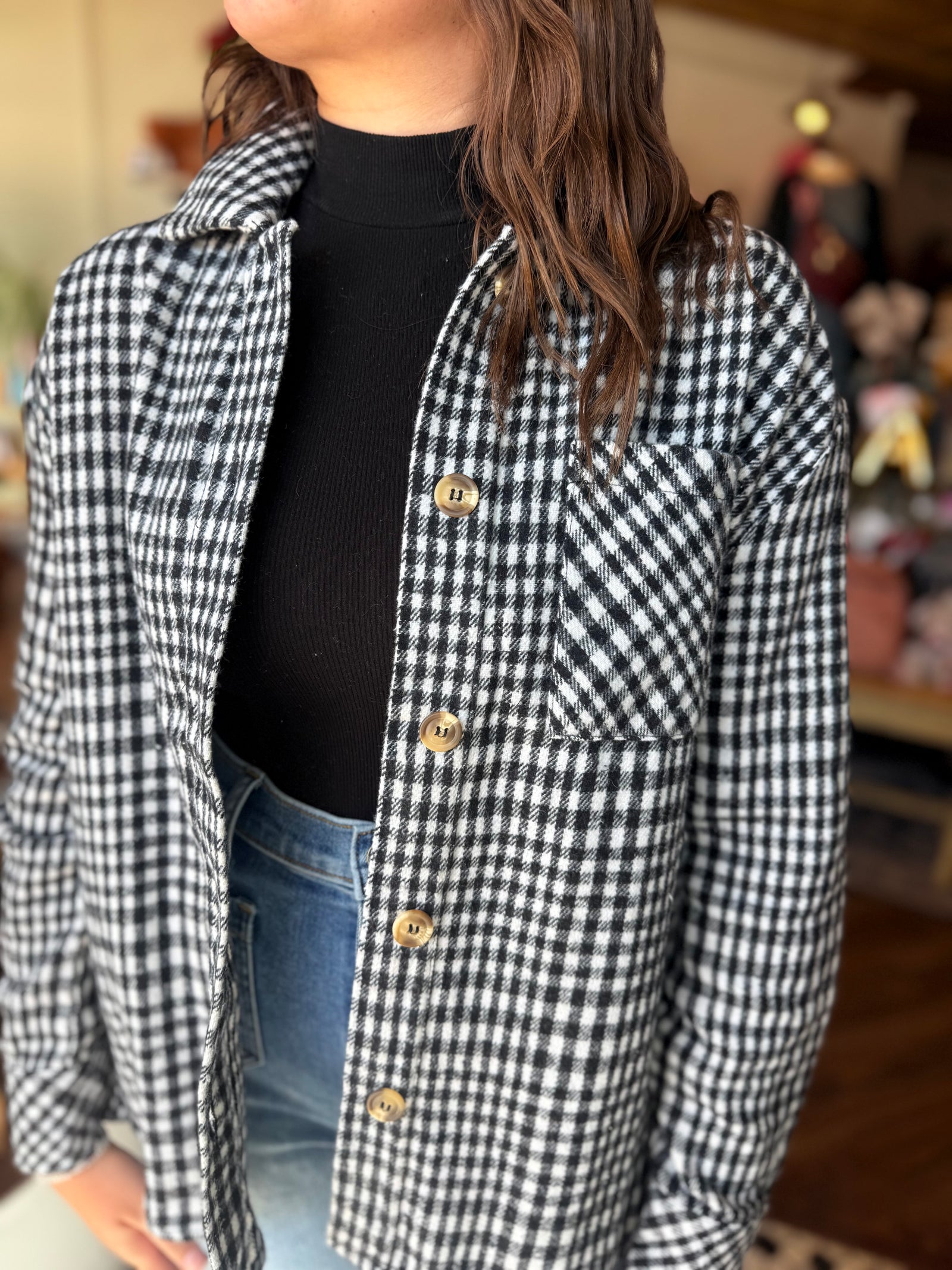 Doe & Rae Black + White Plaid Button Down Shacket