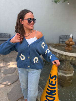 Doe & Rae Blue Horseshoe Patch Cardigan