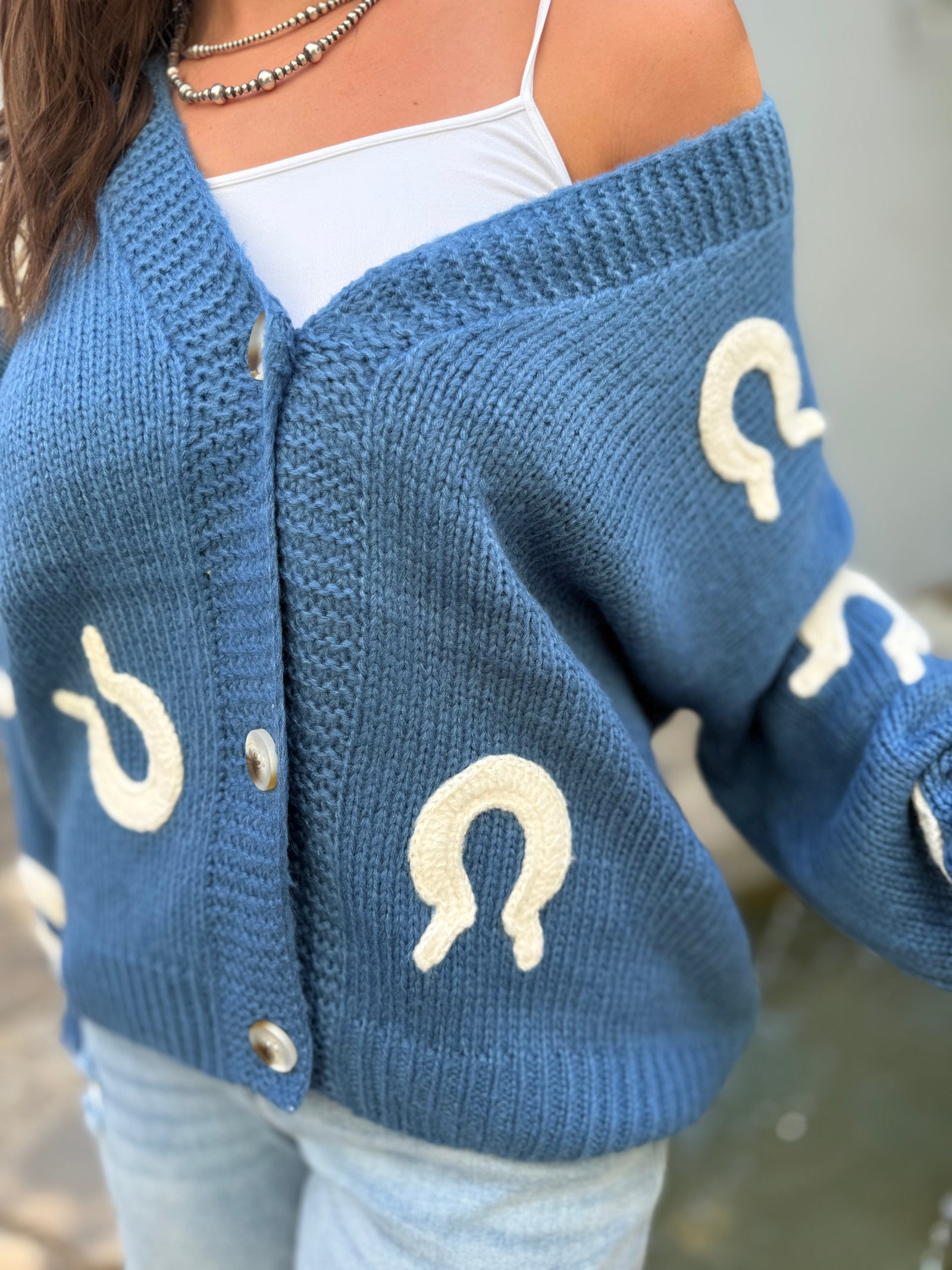 Doe & Rae Blue Horseshoe Patch Cardigan