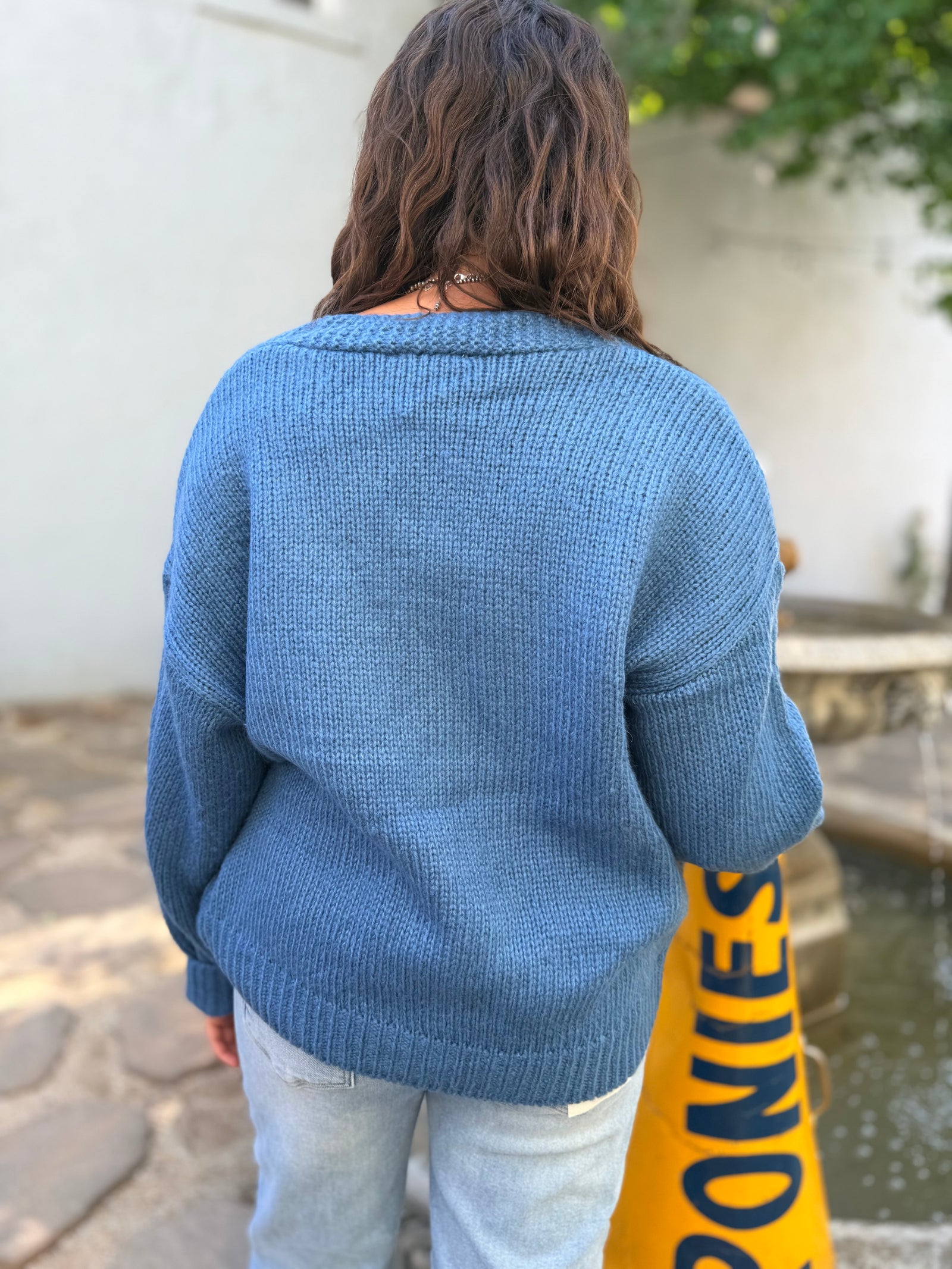 Doe & Rae Blue Horseshoe Patch Cardigan