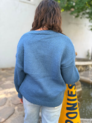 Doe & Rae Blue Horseshoe Patch Cardigan