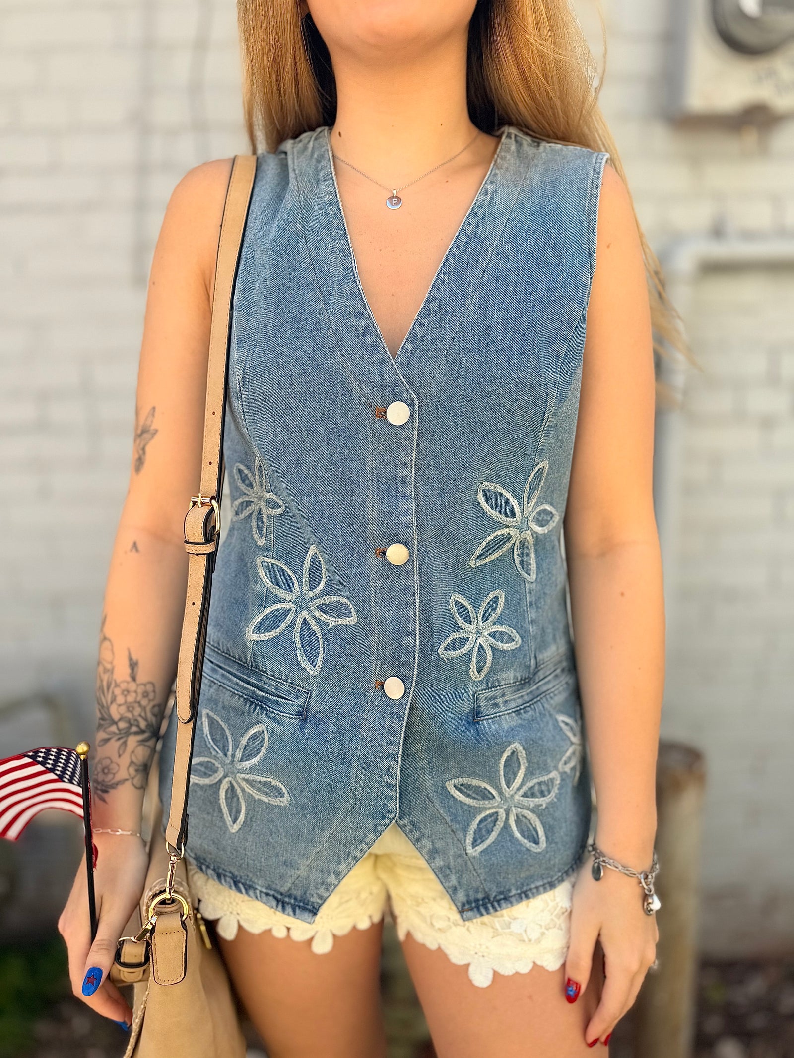 Structured Washed Denim Vest w/ Floral Patches