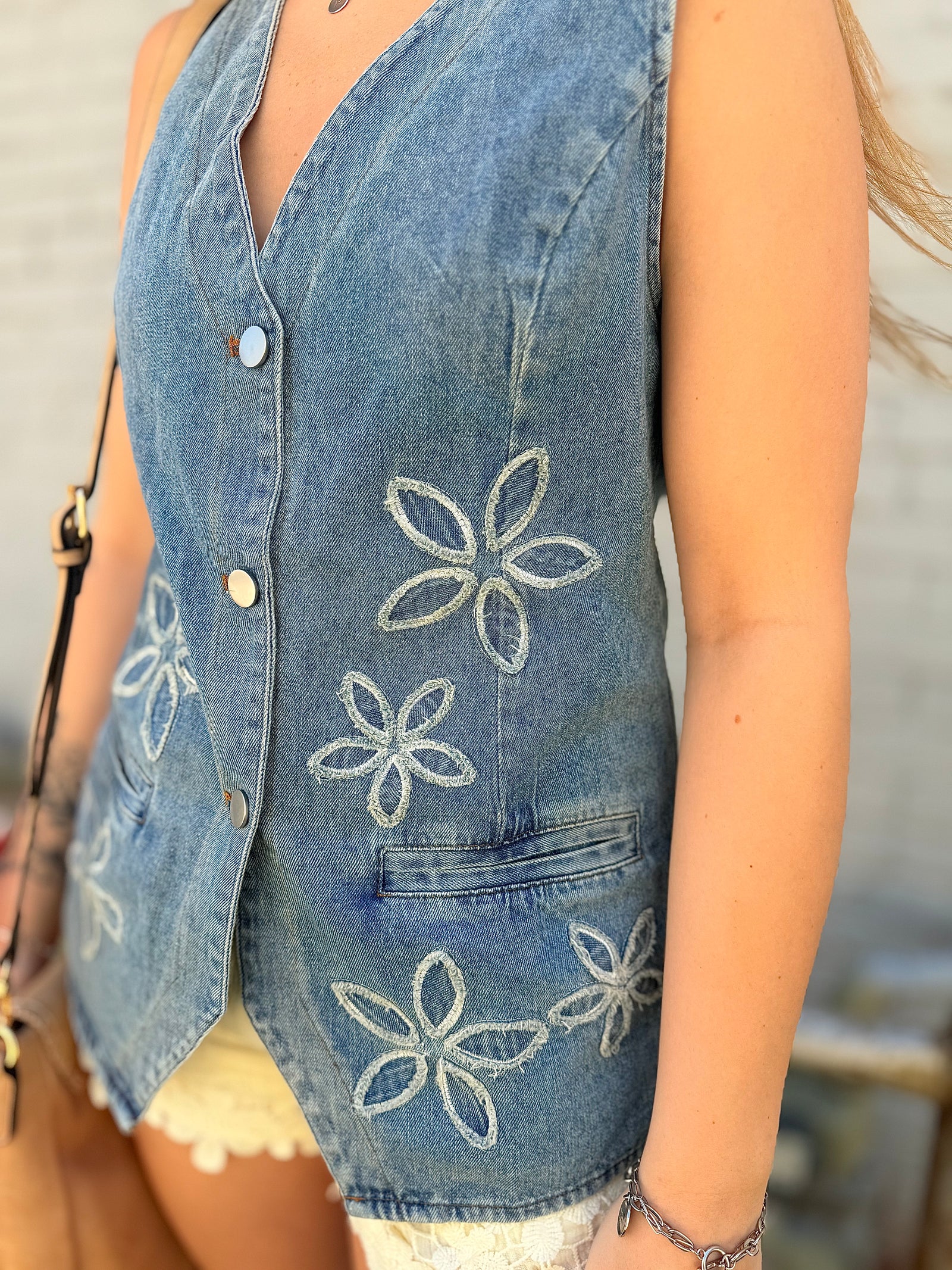 Structured Washed Denim Vest w/ Floral Patches