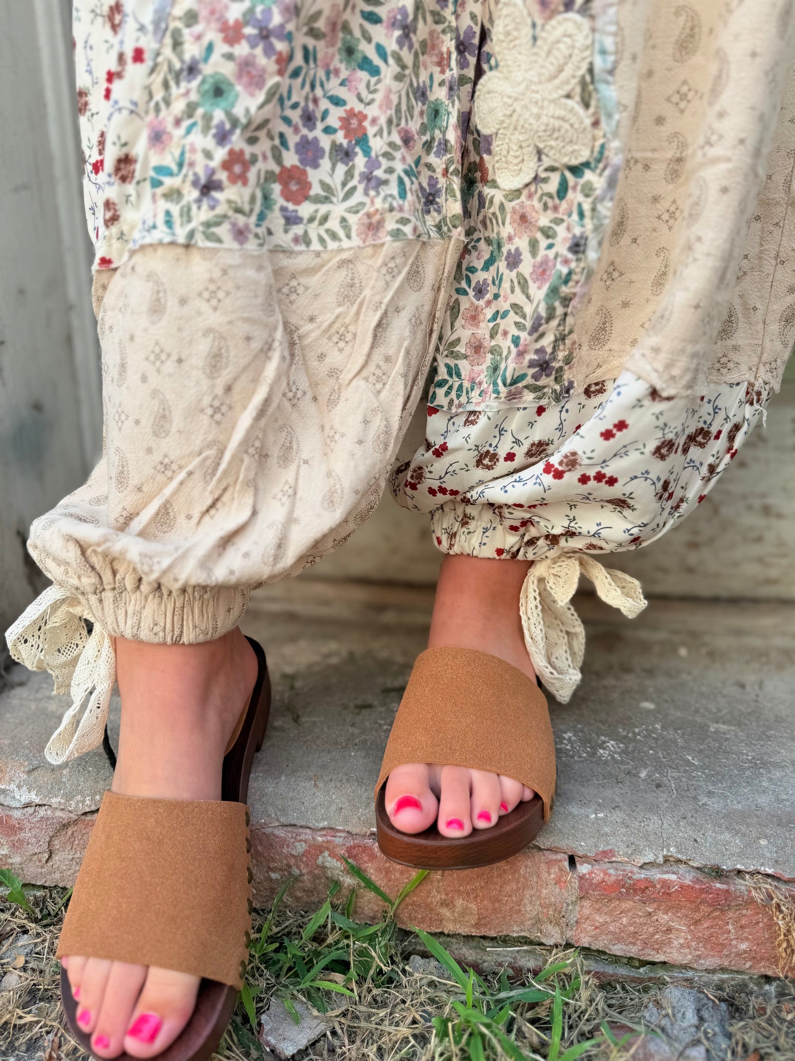 Pol Cream Crochet Patchwork Printed Woven Pants