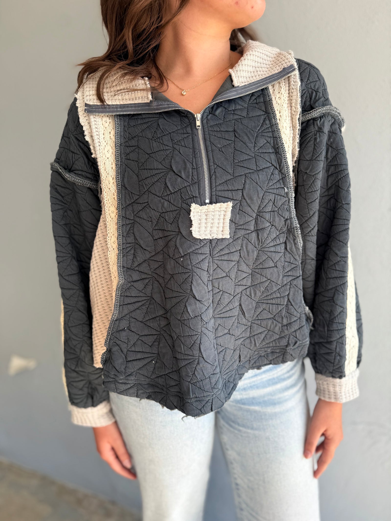 Pol Charcoal Quilted Woven Hoodie Top