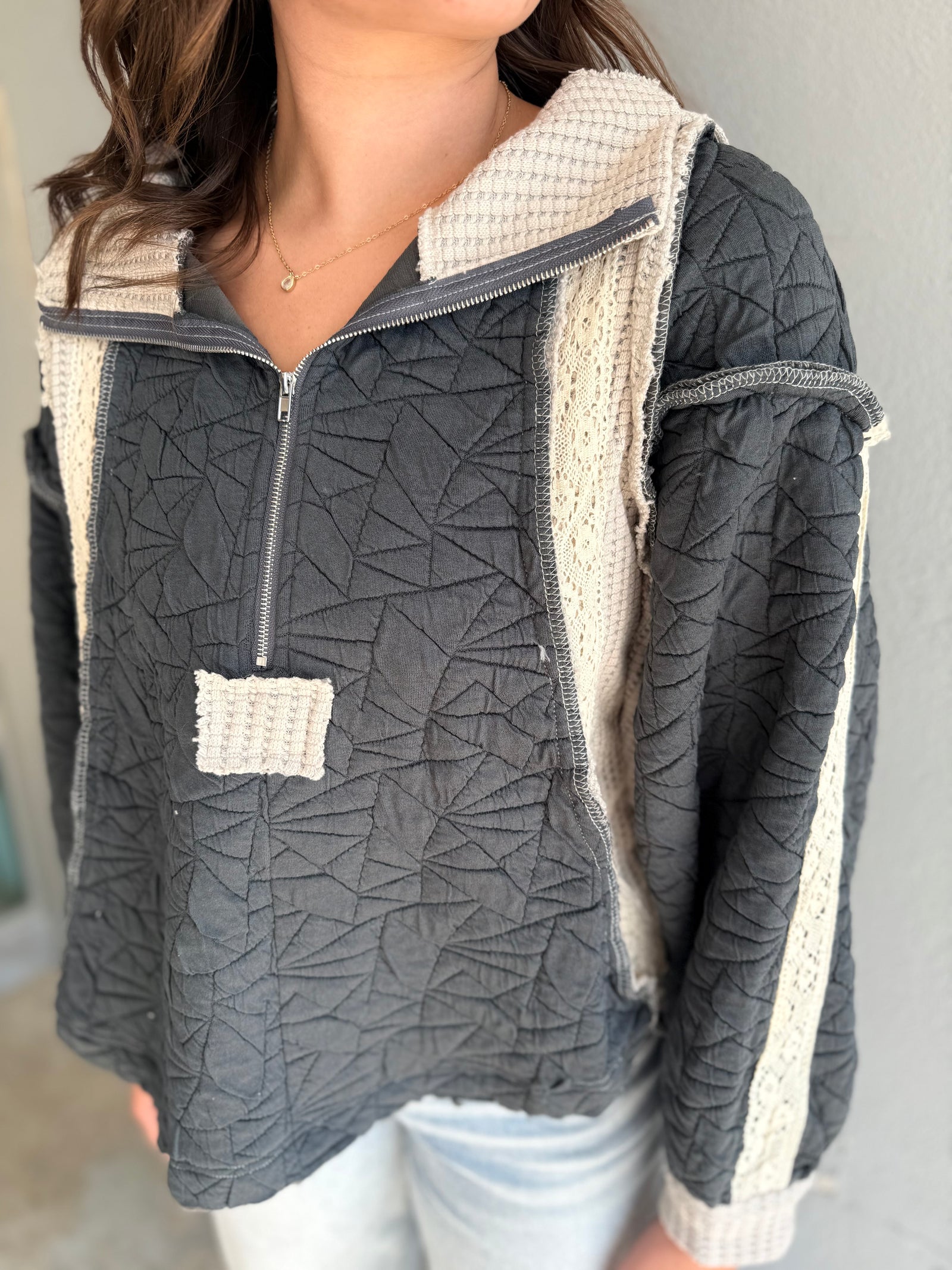 Pol Charcoal Quilted Woven Hoodie Top