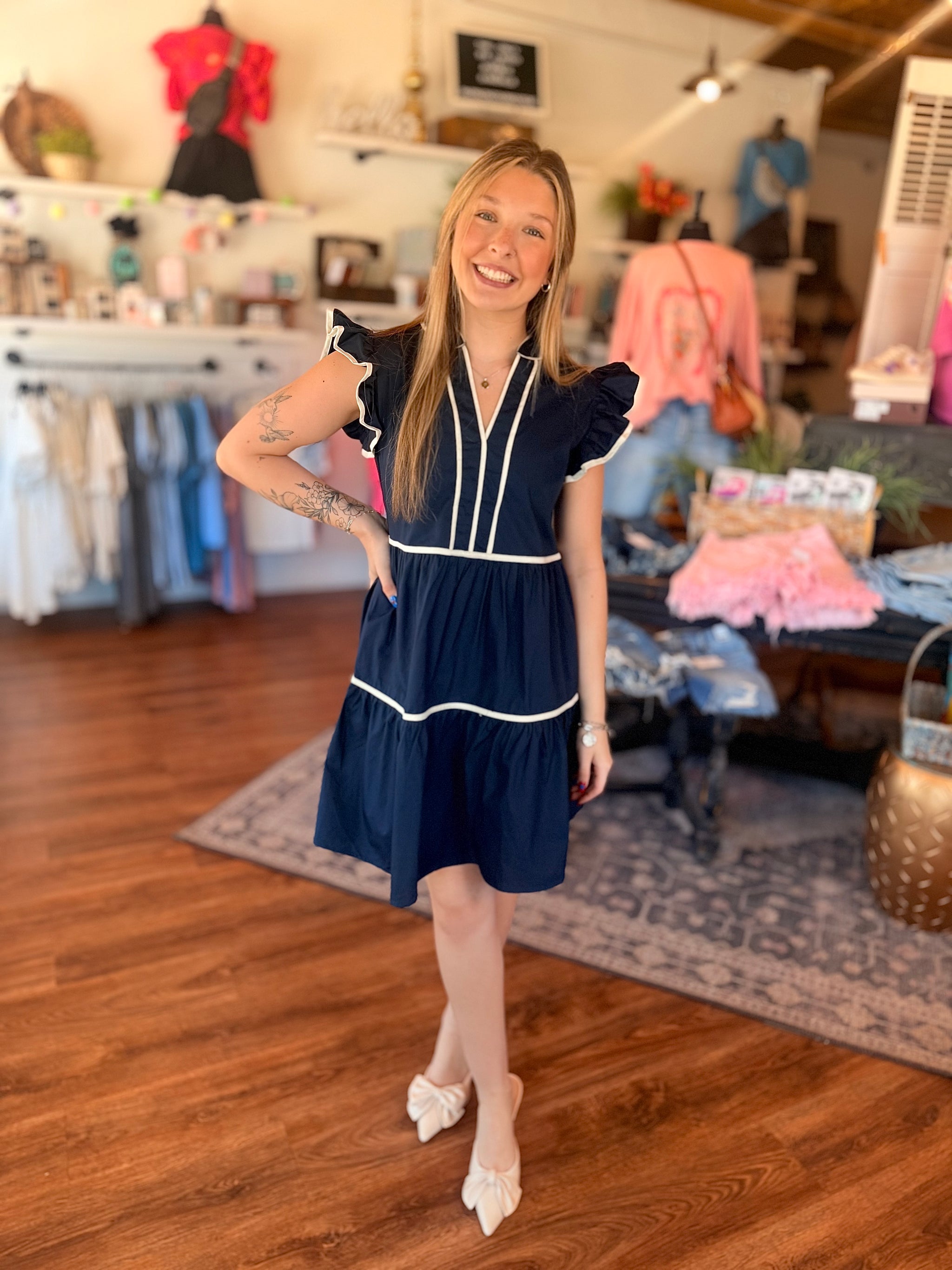 navy blue ruffle sleeve dress Navy Scallop Trim Detail Ruffled Sleeve Dress