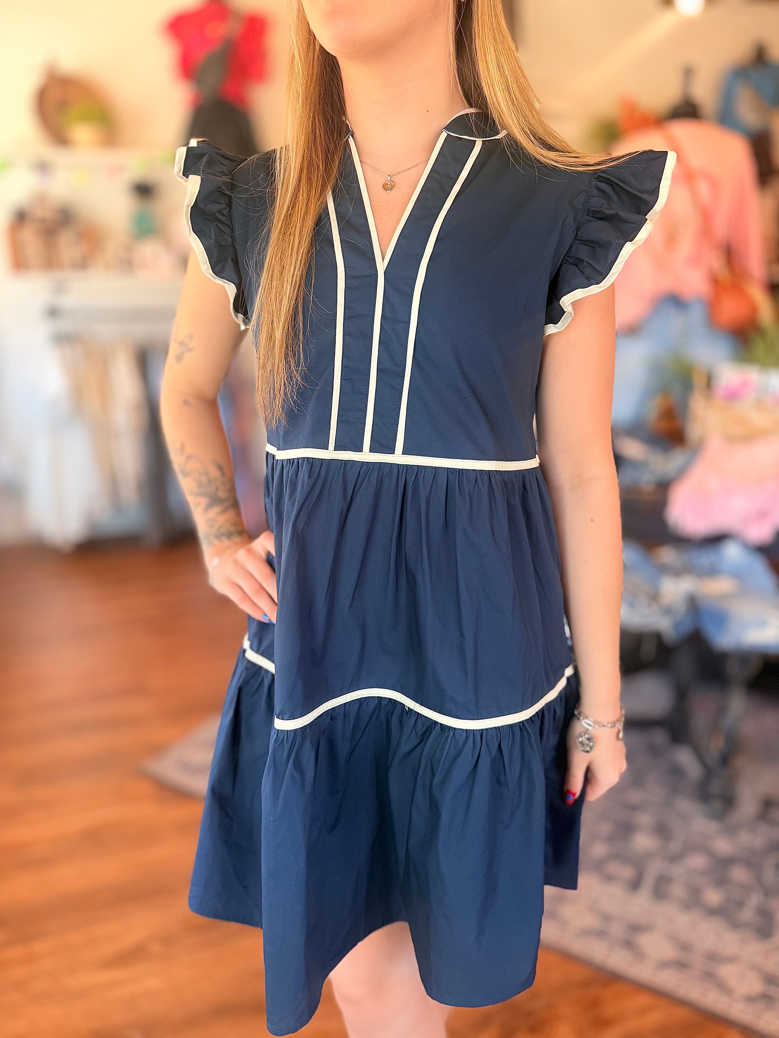 Navy Ruffle Sleeve Tiered Dress w/ White Piping Detail