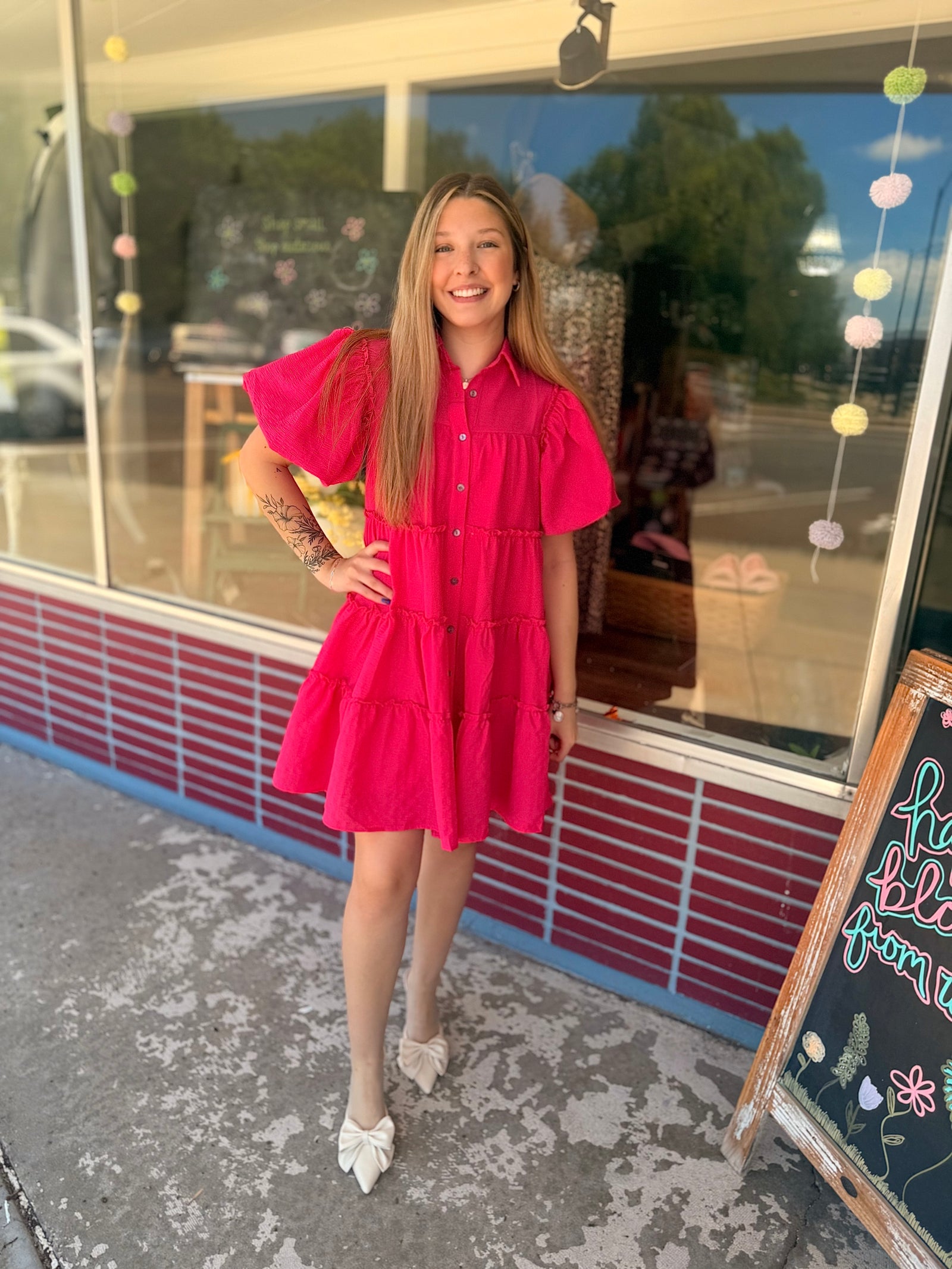 Fuchsia Puff Sleeve Tiered Button Down Dress
