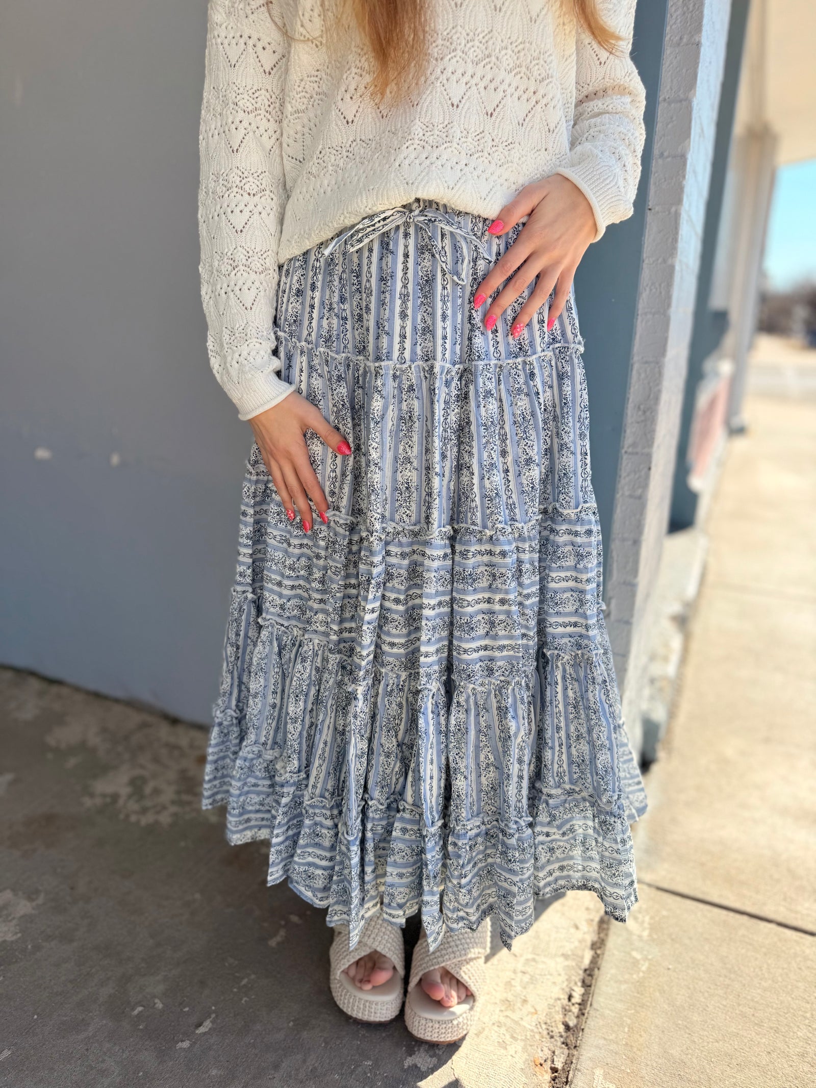 Easel Mixed Print Blue Tiered Maxi Skirt