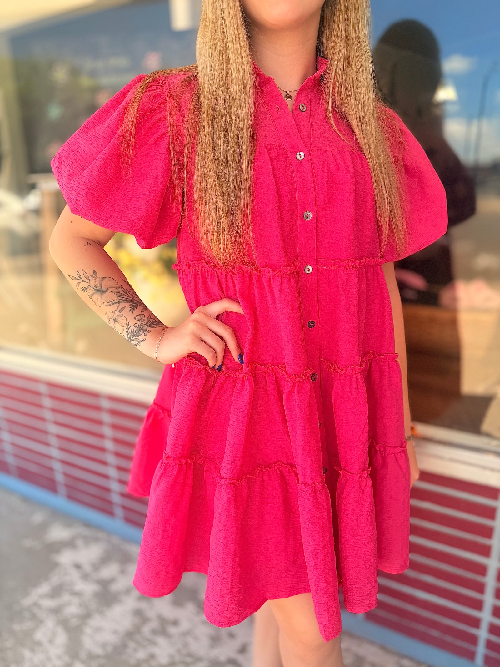 Fuchsia Puff Sleeve Tiered Button Down Dress