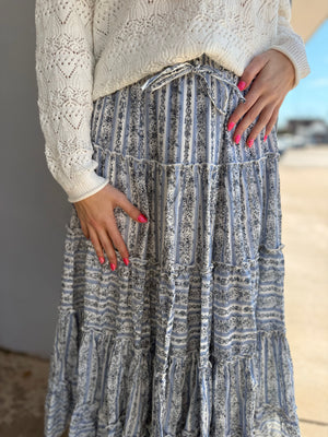 Easel Mixed Print Blue Tiered Maxi Skirt