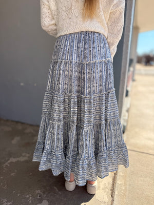 Easel Mixed Print Blue Tiered Maxi Skirt