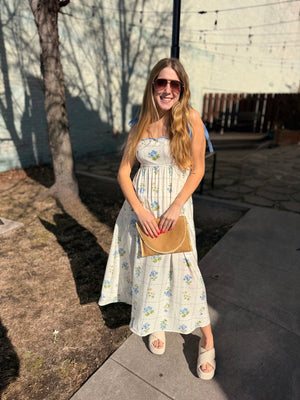 Blue Delicate Floral Midi Dress w/ Tie Strap