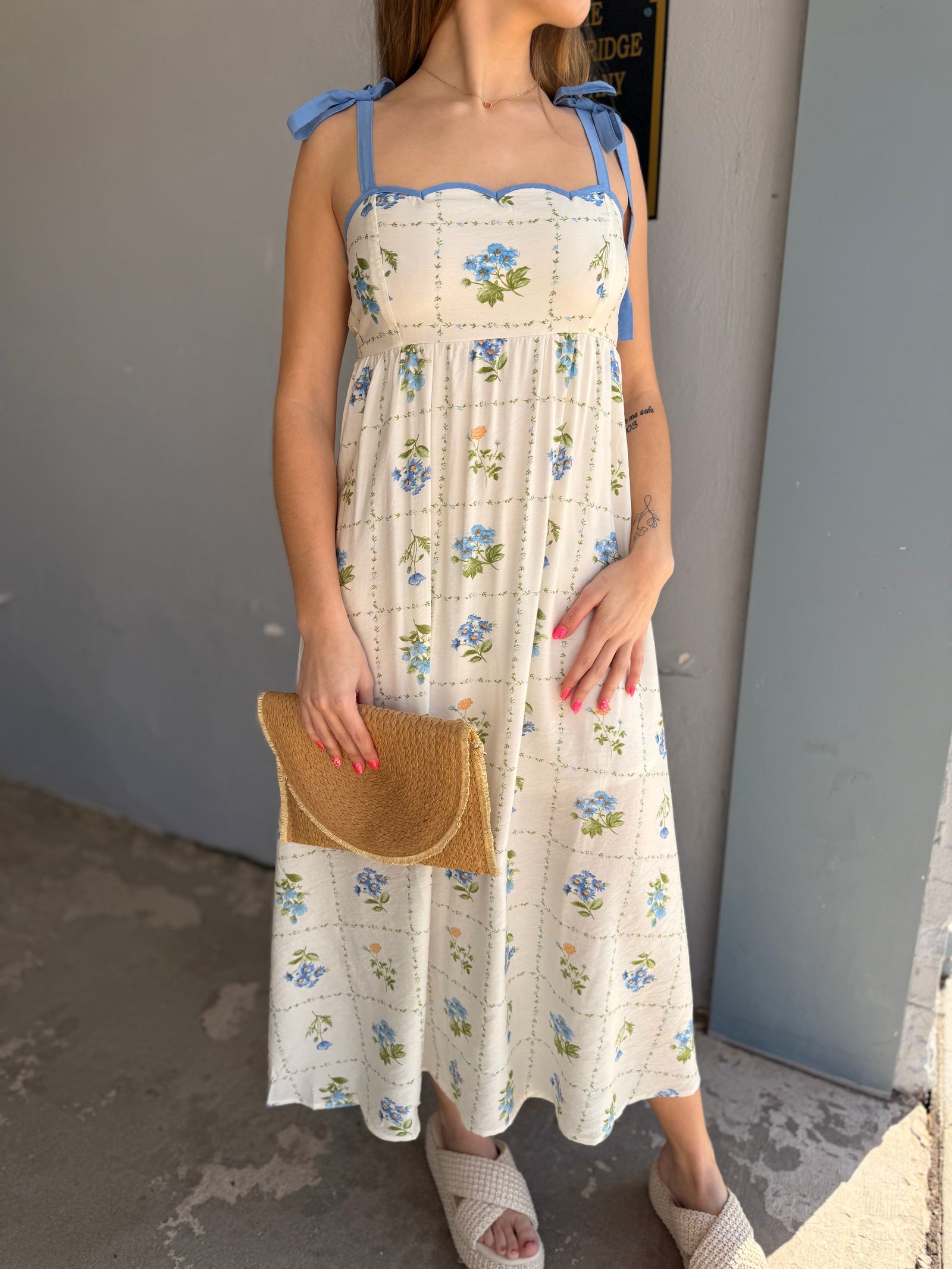 Blue Delicate Floral Midi Dress w/ Tie Strap