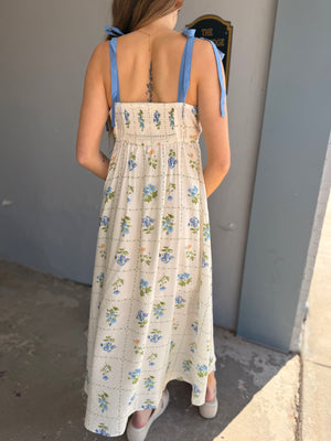 Blue Delicate Floral Midi Dress w/ Tie Strap