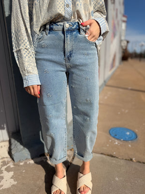 Risen Light Wash Tummy Control Floral Embroidered Barrel Jeans