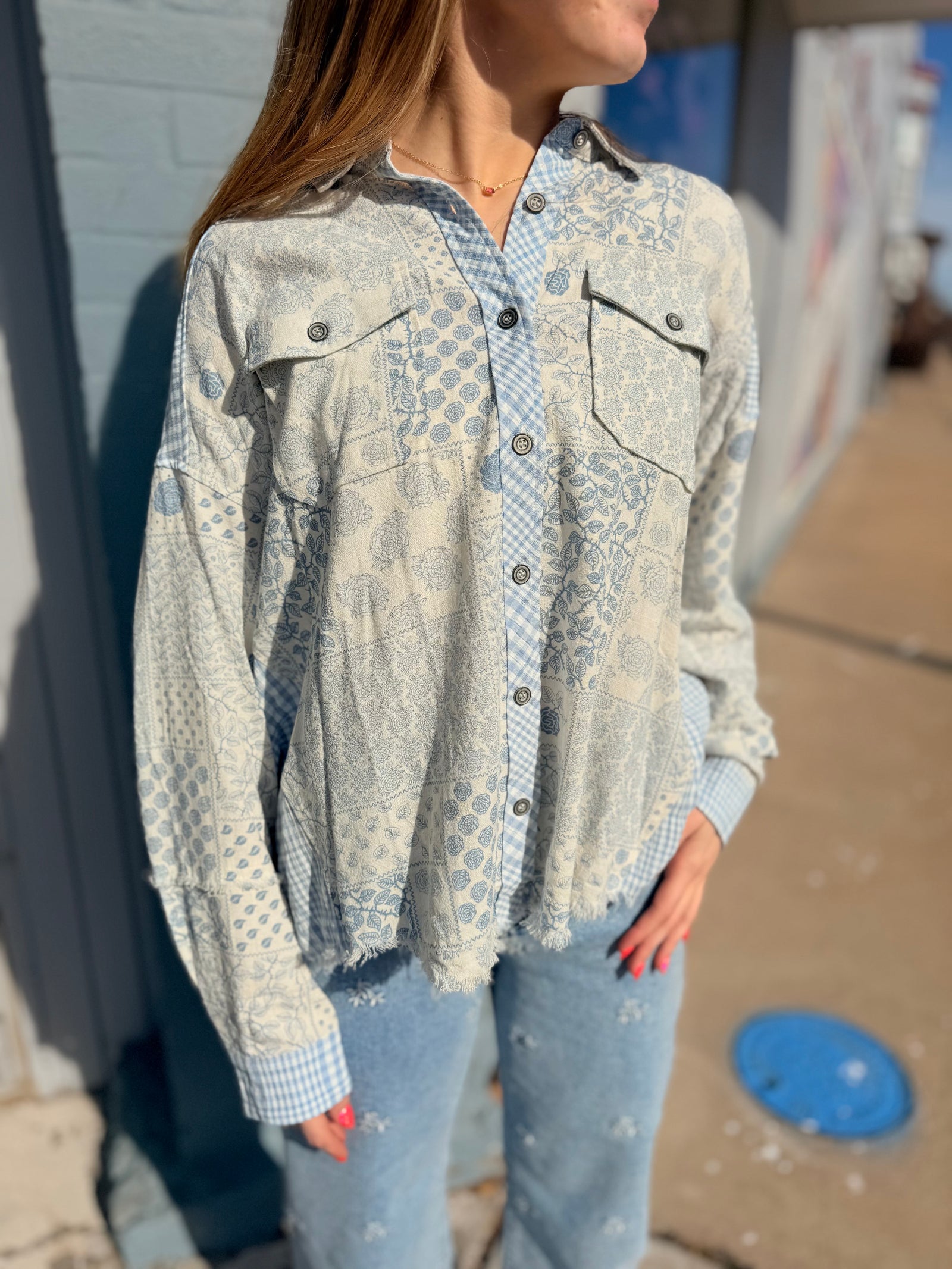 Blue Mixed Bandana Print Button Up Top