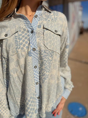 Blue Mixed Bandana Print Button Up Top