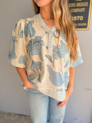 Light Blue Floral Print Bubble Sleeve Top