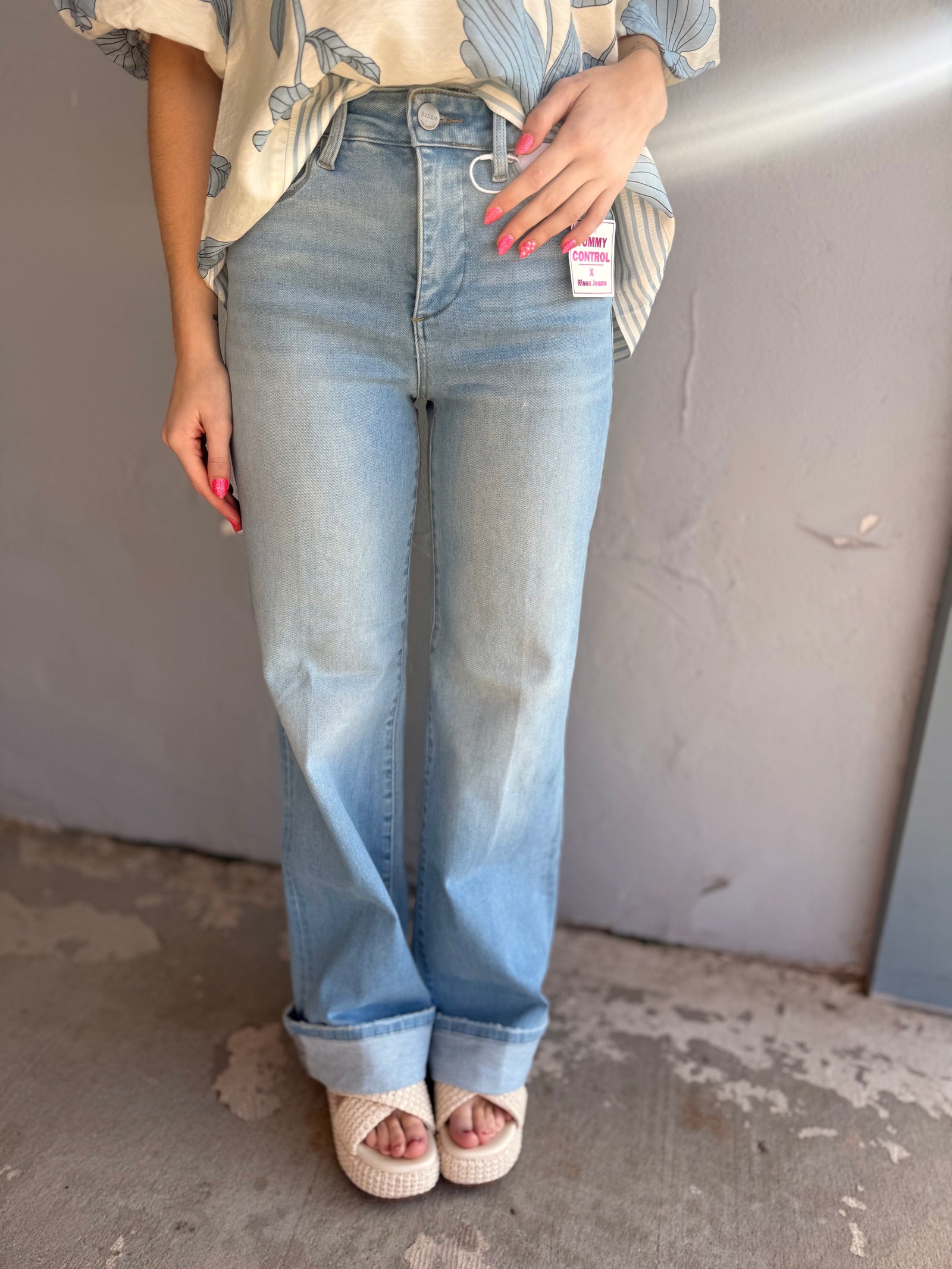 Risen Light Wash Tummy Control Long Cuffed Jeans