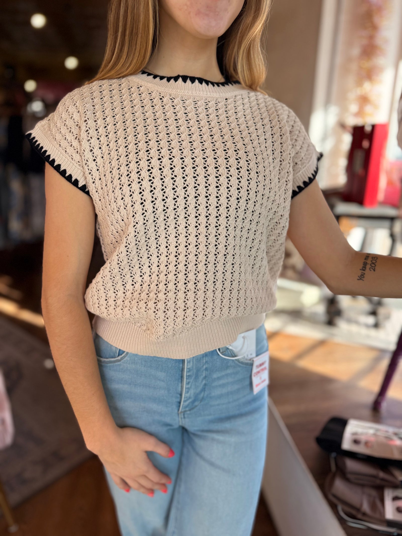 Beige Open Knit Vest w/ Black Hem Detail