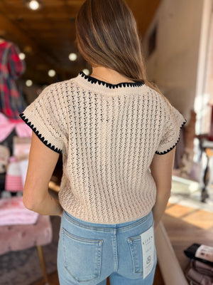 Beige Open Knit Vest w/ Black Hem Detail
