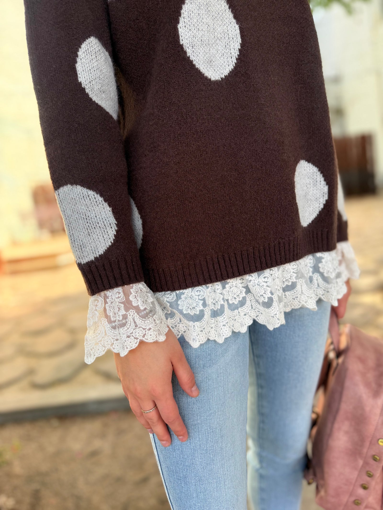 Easel Mocha Polka Dot Sweater w/ Lace Trim