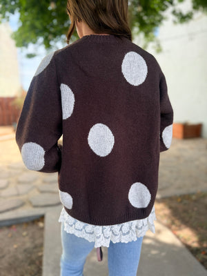 Easel Mocha Polka Dot Sweater w/ Lace Trim