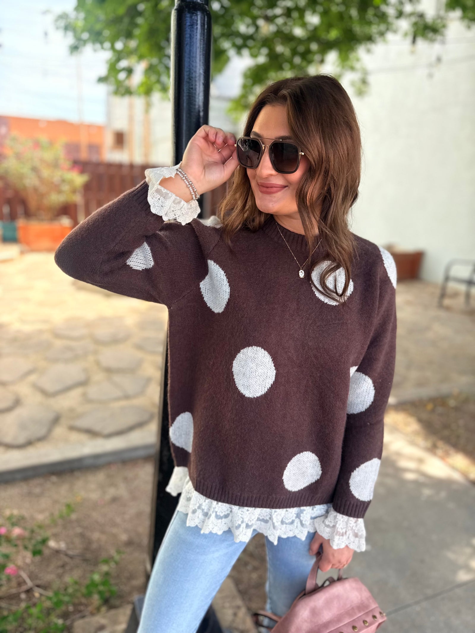 Easel Mocha Polka Dot Sweater w/ Lace Trim