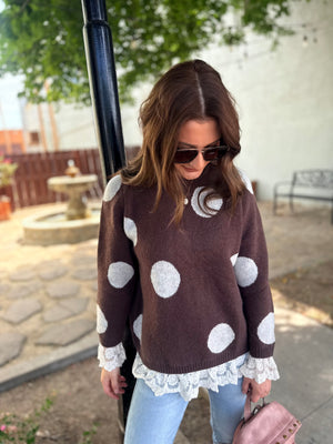 Easel Mocha Polka Dot Sweater w/ Lace Trim
