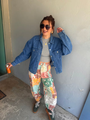 Easel Orange + Blue Patchwork Print Terry Knit Joggers