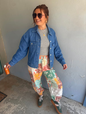 Easel Orange + Blue Patchwork Print Terry Knit Joggers