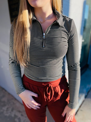 Black Striped Half-Zip Knit Top