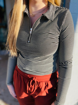 Black Striped Half-Zip Knit Top