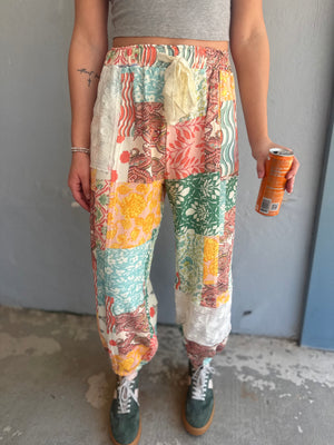 Easel Orange + Blue Patchwork Print Terry Knit Joggers