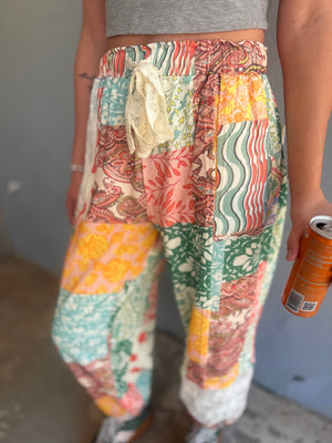 Easel Orange + Blue Patchwork Print Terry Knit Joggers
