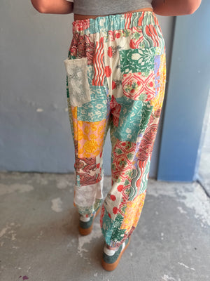Easel Orange + Blue Patchwork Print Terry Knit Joggers