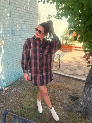 Easel Ash Washed Plaid Flannel Tunic Dress