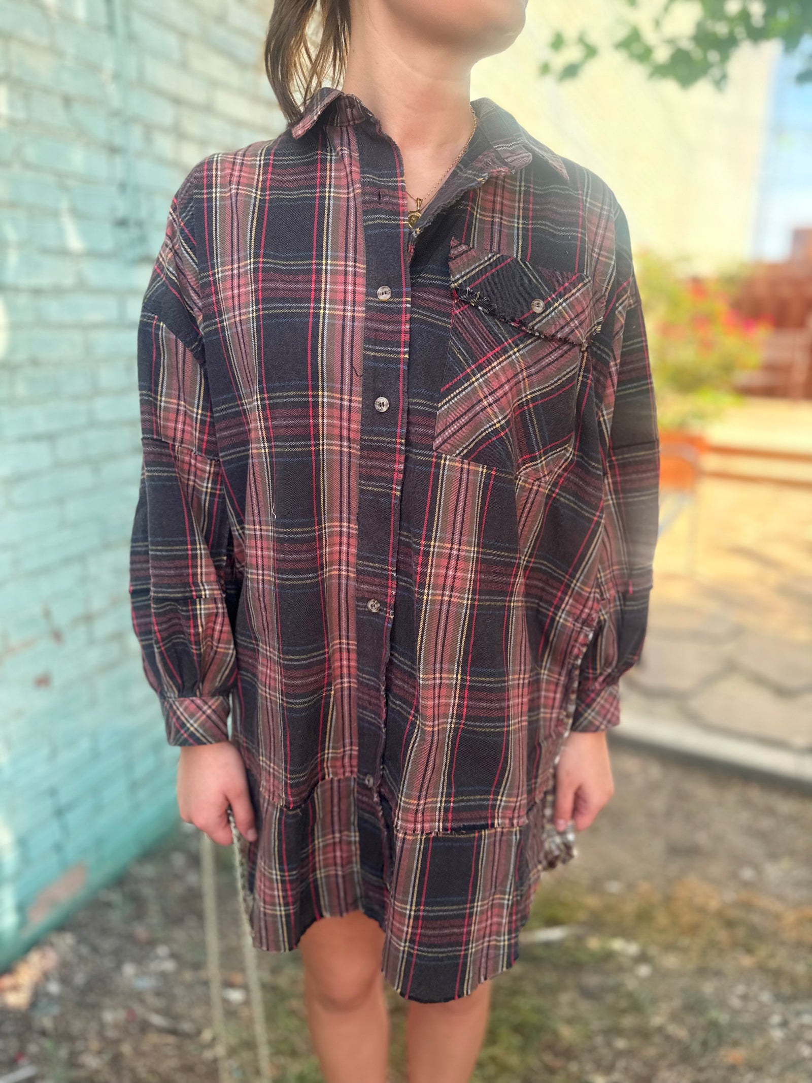 Easel Ash Washed Plaid Flannel Tunic Dress