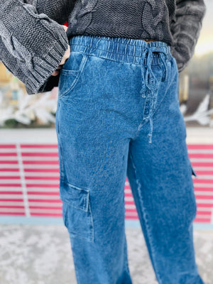 Blue Mineral Wash Wide Leg Cotton Cargo Pants