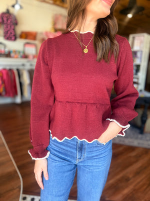 Listicle Merlot Scalloped Hem Peplum Knit Sweater